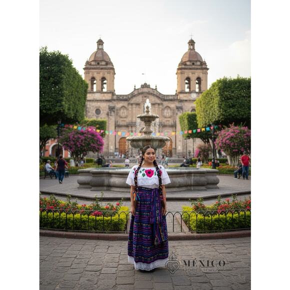 Mexican 3 piece set Blouse Cambaya skirt elastic waist and belt or mini rebozo - Picture 1 of 9